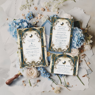 Himmlische Art Nouveau Blaue Goldene Hochzeit Einladung