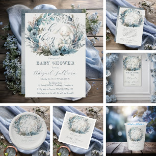 Oh Boy Bunny Rabbit Blue Floral Wreath Baby Shower Einladung