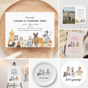 Dog Theme Let's Pawty Dog Birthday Party Einladung