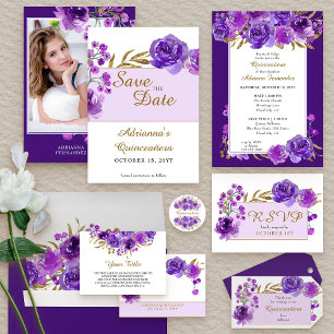 Lila Rose und Gold Leaf Quinceanera RSVP Karte