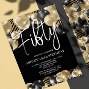 Modern Black Gold Ballon 50. Geburtstag Pappteller