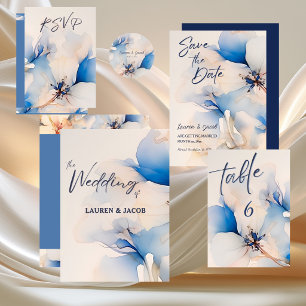 Moderne blaue Hochzeit mit floralem Muster  Einladung