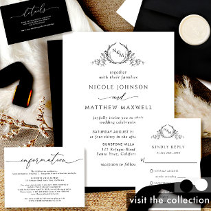Black and White Elegant Monogram Wedding Einladung