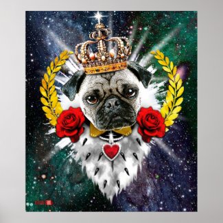 Pug the King with Crown + Red Roses Poster