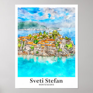 Sveti Stefan Montenegro Reise Aquarell Poster