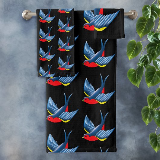 Swallow Red Blue Tattoo Badhandtuch Set