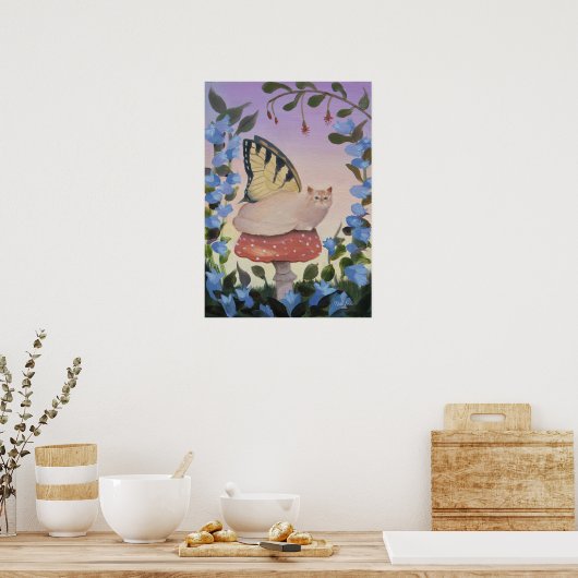 Swallowtail Butterfly Cat on Mushroom Wall Art Poster (Küche)