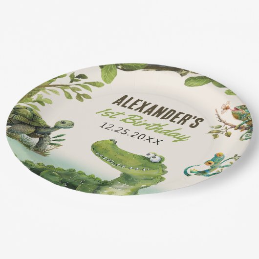 Swamp Reptile 1. Geburtstag Party Pappteller (Schrägansicht)