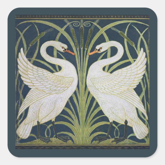 Swan Art Nouveau Two Swans Quadratischer Aufkleber (Vorderseite)