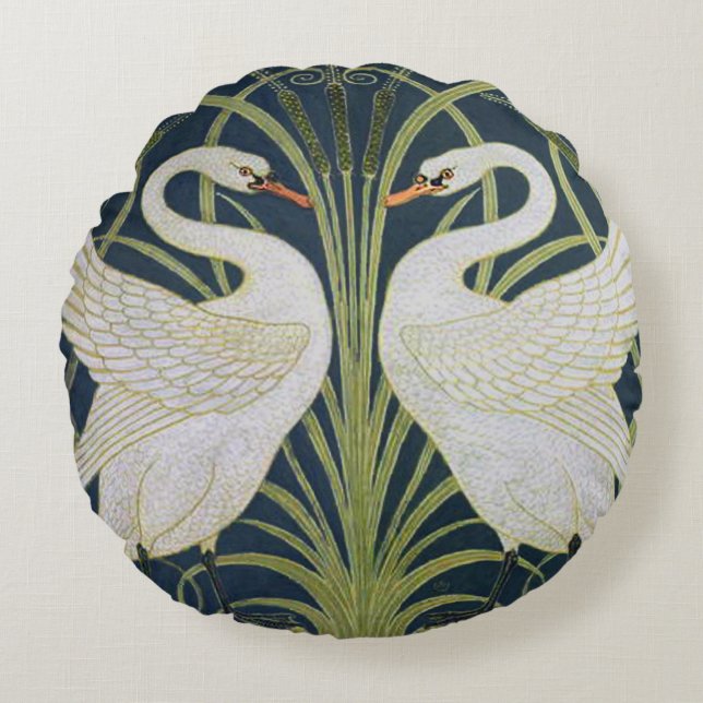 Swan Art Nouveau Two Swans Rundes Kissen (Vorderseite)