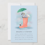 Swan & Baby Cygnet Pink & Blue Rain Baby Dusche Einladung (Vorderseite)