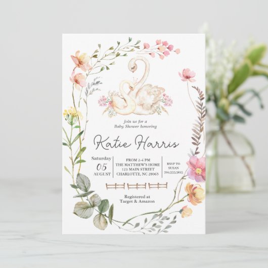 Swan Baby Dusche Einladung, Swan einladen Einladung (Stehend Vorderseite)