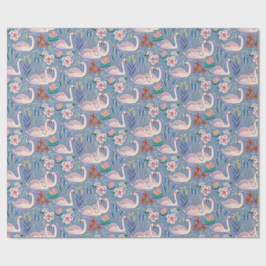 Swan Birds Floral Botanical Blue Pattern Geschenkpapier (Flach)