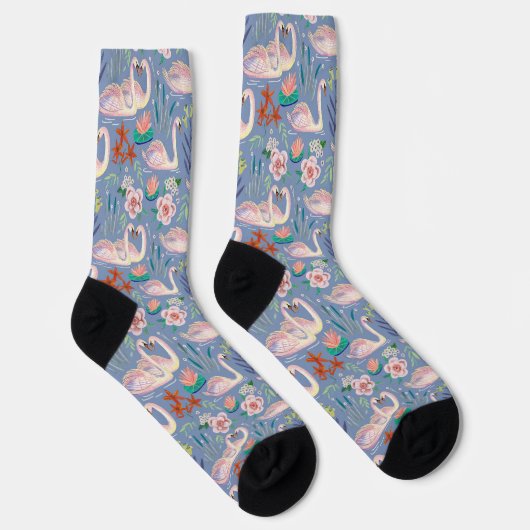 Swan Birds Floral Botanical Blue Pattern Kleid Socken (Rechts)