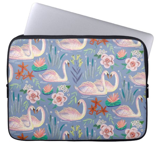 Swan Birds Floral Botanical Blue Pattern Laptopschutzhülle (Vorderseite)