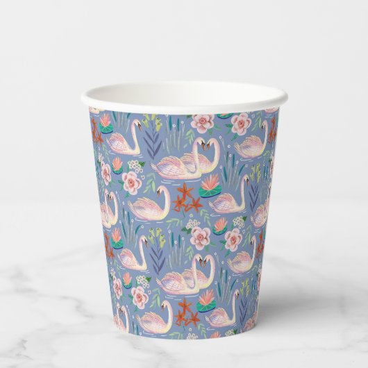 Swan Birds Floral Botanical Blue Pattern Pappbecher (Rückseite)
