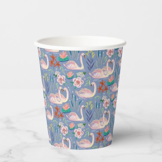 Swan Birds Floral Botanical Blue Pattern Pappbecher (Vorderseite)