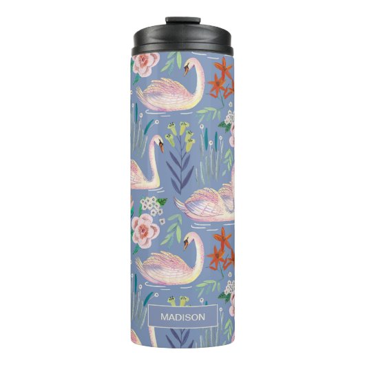 Swan Birds Floral Botanical Blue Pattername Thermosbecher (Vorderseite)