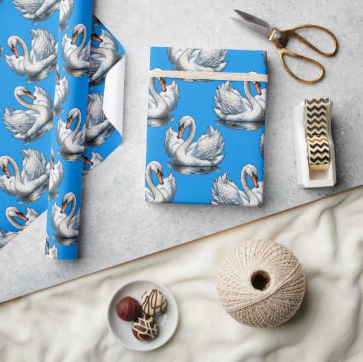 Swan Birds Pattern Design On Blue  Geschenkpapier (Kunsthandwerk)