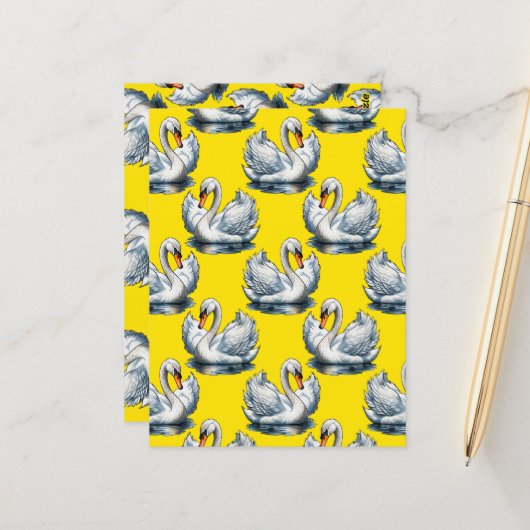 Swan Birds Pattern Design On Yellow Postkarte (Vorderseite/Rückseite Beispiel)