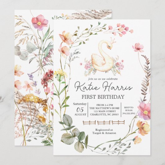 Swan Birthday Einladung (Vorne/Hinten)