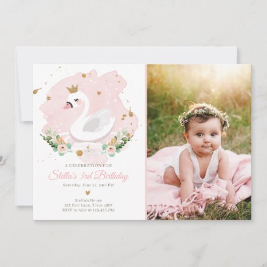 Swan Birthday Einladung Girl Princess Pink Gold (Vorderseite)