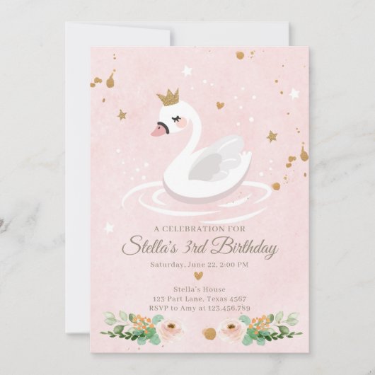 Swan Birthday Einladung Girl Princess Pink Gold (Vorderseite)