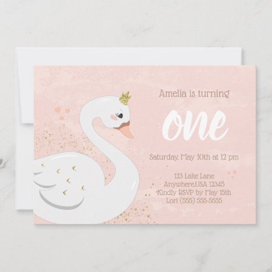 Swan Birthday Party Einladung | Rosa und Gold (Vorderseite)
