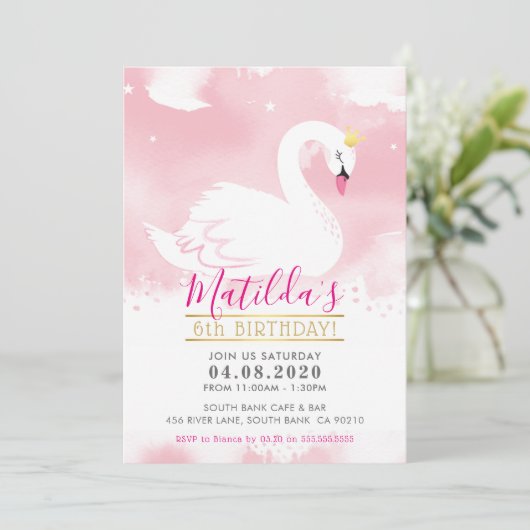 SWAN BIRTHDAY PARTY INVITE hübsches Tiara-Gold Ros Einladung (Stehend Vorderseite)