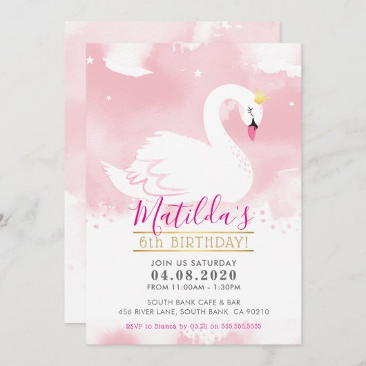 SWAN BIRTHDAY PARTY INVITE hübsches Tiara-Gold Ros Einladung (Vorne/Hinten)