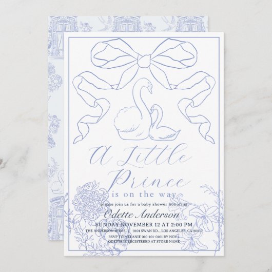 Swan Blue Toile de Jouy Boy Baby Dusche Einladung (Vorne/Hinten)