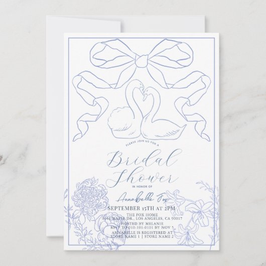 Swan Blue Toile de Jouy Brautparty Einladung (Vorderseite)