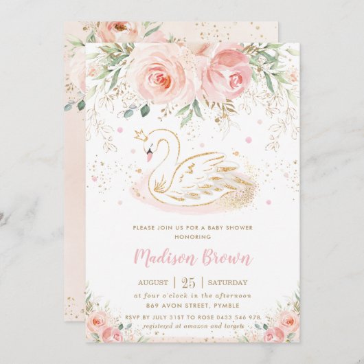 Swan Blush Pink Floral Gold Girl Baby Dusche Einladung (Vorne/Hinten)