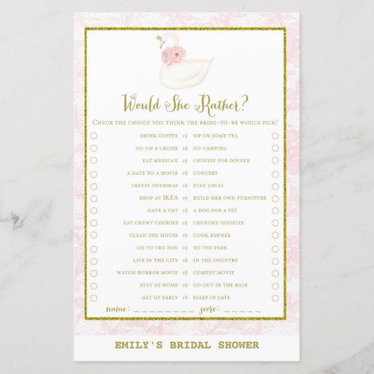 Swan Brautparty Game PRINED (Vorderseite)