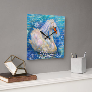 Swan Briw/Veil auf Water Blue White Personalisiert Quadratische Wanduhr