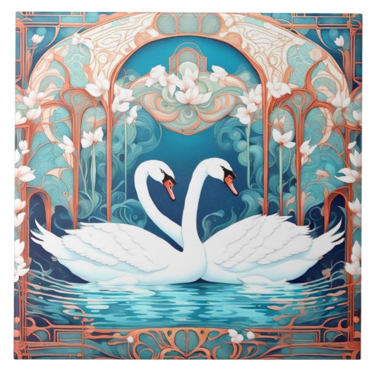 Swan Couple Art Nouveau Bird Türkis Aqua Fliese (Vorderseite)