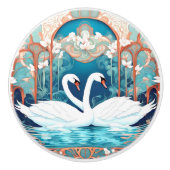 Swan Couple Art Nouveau Bird Türkis Aqua Keramikknauf (Vorderseite)