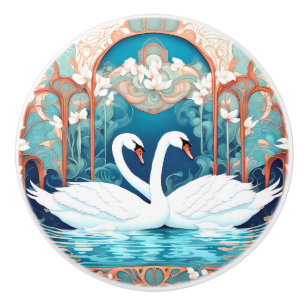 Swan Couple Art Nouveau Bird Türkis Aqua Keramikknauf