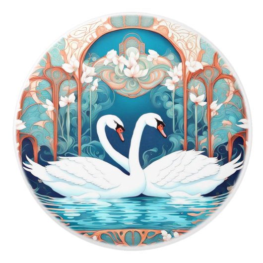 Swan Couple Art Nouveau Bird Türkis Aqua Keramikknauf (Vorderseite)
