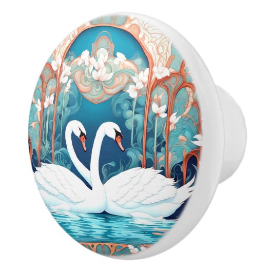 Swan Couple Art Nouveau Bird Türkis Aqua Keramikknauf (Rechts)