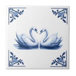 Swan Couple Delft Blue und White Floral Corners Fliese