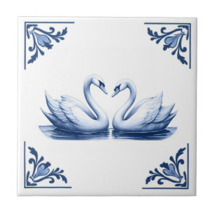 Swan Couple Delft Blue und White Floral Corners Fliese