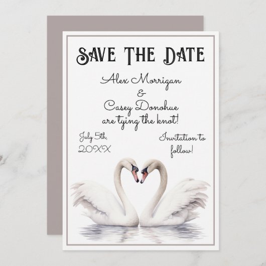 Swan Couple Save the Date Einladung (Vorne/Hinten)
