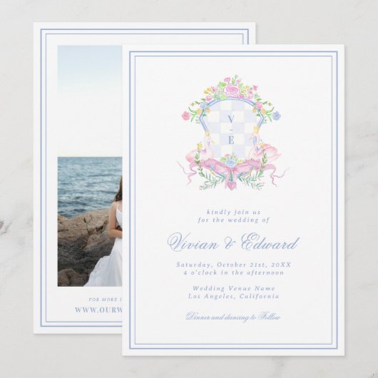 Swan Crest Monogram Coastal Blue Wedding Einladung (Vorne/Hinten)