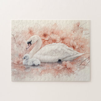 Swan Cygnet und Blush Pink Blume Puzzle