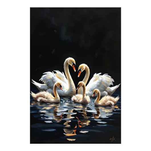 Swan Family on Black Lake Artwork Fotodruck (Vorne)