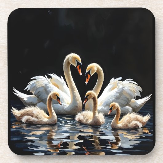 Swan Family on Black Lake Artwork Getränkeuntersetzer (Vorderseite)