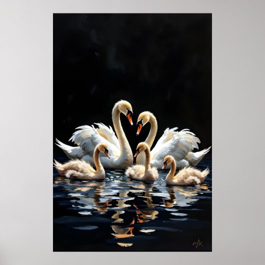 Swan Family on Black Lake Artwork Poster (Vorne)