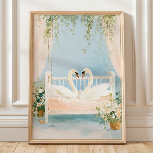 Swan Family Wall Art Print, Romantisches Kinderzim Poster
