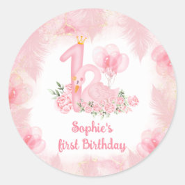 Swan Feather Rose Pink White Girl 1. Geburtstag Runder Aufkleber